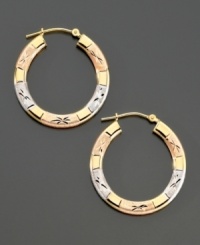 Cool colors, subtle engravings and pretty textures take 14k gold hoop earrings to a whole new level. Cool colors, subtle engravings and pretty textures take 14k gold hoop earrings to a whole new level.