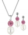 Beautiful in pink. This necklace and earrings set is crafted in sterling silver with cultured freshwater pearls (9-11 mm) and crystals coming together for a captivating look. Approximate length: 18 inches. Approximate drop: 7/8 inch. Approximate drop, earrings: 3/4 inch.