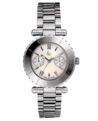 Ultra-modern and exquisitely-executed design, by Gc Swiss Made Timepieces. Watch crafted from polished stainless steel bracelet and case. White mother-of-pearl dial features Roman numerals, stick indicies, day and second subdials, logo and luminous hands. Swiss movement. Water-resistant to 100 meters. Ten-year limited warranty. Luxury Gc gift box packaging included. Ultra-modern and exquisitely-executed design, by Gc Swiss Made Timepieces. Watch crafted from polished stainless steel bracelet and case. White mother-of-pearl dial features Roman numerals, stick indicies, day and second subdials, logo and luminous hands. Swiss movement. Water-resistant to 100 meters. Ten-year limited warranty. Luxury Gc gift box packaging included.
