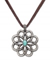 Worn long or wrapped up short, this Lucky Brand necklace adds the perfect amount of rugged charm to any look. Flower pendant carved in worn silver tone mixed metal with semi-precious reconstituted calcite turquoise stone at center of petals. Suspended from brown cord. Approximate length: 34 inches. Approximate drop: 2 inches.