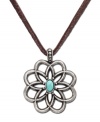 Worn long or wrapped up short, this Lucky Brand necklace adds the perfect amount of rugged charm to any look. Flower pendant carved in worn silver tone mixed metal with semi-precious reconstituted calcite turquoise stone at center of petals. Suspended from brown cord. Approximate length: 34 inches. Approximate drop: 2 inches.