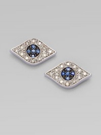 A pretty, spiritual design encrusted with brilliant diamonds, sapphires and a rhodium finish accent. Diamonds, .14 tcwSapphires14k white goldRhodium finishSize, about ½Post backMade in USA of imported materials A pretty, spiritual design encrusted with brilliant diamonds, sapphires and a rhodium finish accent. Diamonds, .14 tcwSapphires14k white goldRhodium finishSize, about ½Post backMade in USA of imported materials