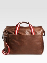 Classic leather design with adjustable shoulder strap and signature trainspotting web detail.Zip closureTop handlesAdjustable shoulder strapInterior zip pocketFully lined19W x 17½H x 9DMade in Switzerland Classic leather design with adjustable shoulder strap and signature trainspotting web detail.Zip closureTop handlesAdjustable shoulder strapInterior zip pocketFully lined19W x 17½H x 9DMade in Switzerland