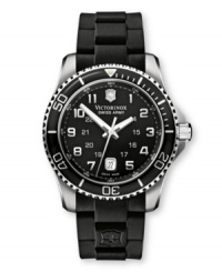 A watch for a pro, fittingly made by the timepiece pros at Victorinox Swiss Army. Black rubber strap and round stainless steel case with anti-reflective sapphire crystal. Bi-directional rotating bezel. Black dial features logo, date window at six o'clock, luminous hands and numeral indices. Swiss movement. Water resistant to 100 meters. Three-year limited warranty. A watch for a pro, fittingly made by the timepiece pros at Victorinox Swiss Army. Black rubber strap and round stainless steel case with anti-reflective sapphire crystal. Bi-directional rotating bezel. Black dial features logo, date window at six o'clock, luminous hands and numeral indices. Swiss movement. Water resistant to 100 meters. Three-year limited warranty.