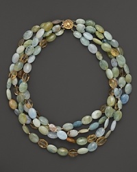 An eclectic mix of aquamarine and citrine stones make up this four-strand statement necklace from Lara Gold for LTC. An eclectic mix of aquamarine and citrine stones make up this four-strand statement necklace from Lara Gold for LTC.