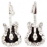 Trendy Small Crystal Embellished with Black Enamel 3/4 Long Rocker Guitar Stud Earrings - Silver Plated Trendy Small Crystal Embellished with Black Enamel 3/4 Long Rocker Guitar Stud Earrings - Silver Plated