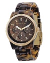 MICHAEL Michael Kors tortoise-inspired acrylic chronograph watch with bracelet strap and crystal accents. Round dial features crystal markers, three subdials and multi-function movement. Acrylic case and bracelet. Water-resistant to 100 meter.