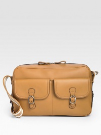 Large camel-leather shoulder bag with two front pockets and two-color shoulder strap. Zip closure Dark palladium hardware Exterior pockets with flap and buckle closure Interior zip, cellphone, PDA pockets Suede lining 18W X 11.7H X 5.5H Made in Italy Large camel-leather shoulder bag with two front pockets and two-color shoulder strap. Zip closure Dark palladium hardware Exterior pockets with flap and buckle closure Interior zip, cellphone, PDA pockets Suede lining 18W X 11.7H X 5.5H Made in Italy