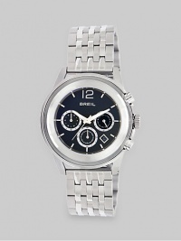 A sophisticated timepiece with a sleek stainless steel bracelet and a brilliant black dial.Quartz movementWater resistant to 10 ATMRound stainless steel case, 45mm (1.8)Smooth stainless steel bezelBlack dialThree chronograph sub-dialsBar markersSecond handStainless steel link bracelet with butterfly buckleImported A sophisticated timepiece with a sleek stainless steel bracelet and a brilliant black dial.Quartz movementWater resistant to 10 ATMRound stainless steel case, 45mm (1.8)Smooth stainless steel bezelBlack dialThree chronograph sub-dialsBar markersSecond handStainless steel link bracelet with butterfly buckleImported