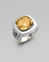 From the Albion Collection. Radiantly faceted citrine glows within a smooth setting and a double cable band of sterling silver. Citrine Sterling silver About ½ square Made in USA