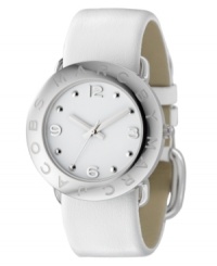 In fresh white, this chic and elegant watch from Marc Jacobs glows with understated style. White leather strap. Silvertone stainless steel round case and round white dial with logo and numeral indices. Quartz movement. Water resistant to 30 meters. Two-year limited warranty. In fresh white, this chic and elegant watch from Marc Jacobs glows with understated style. White leather strap. Silvertone stainless steel round case and round white dial with logo and numeral indices. Quartz movement. Water resistant to 30 meters. Two-year limited warranty.