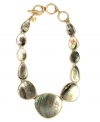 Jones New York's elegant collar necklace catches the eye with brown mother-of-pearl shell graduated pendants. Crafted in worn gold tone mixed metal with toggle closure. Approximate length: 16 inches + 3-inch extender.