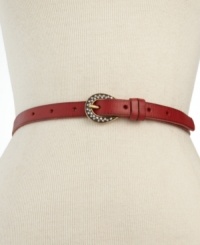 Shake up your everyday accessorizing with a splash of sparkle. This slender leather lovely from Fossil boasts a rhinestone embellished buckle that adds instant allure to any outfit. Shake up your everyday accessorizing with a splash of sparkle. This slender leather lovely from Fossil boasts a rhinestone embellished buckle that adds instant allure to any outfit.