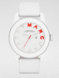 A sporty style with a sleek, modern appeal. Quartz movementWater resistant to 5 ATMRound acetate case, 42.5mm (1.6)Smooth bezel with stainless steel accentsWhite dialLogo hour markersDate display at 3 o'clockSecond hand White leather strapImported A sporty style with a sleek, modern appeal. Quartz movementWater resistant to 5 ATMRound acetate case, 42.5mm (1.6)Smooth bezel with stainless steel accentsWhite dialLogo hour markersDate display at 3 o'clockSecond hand White leather strapImported