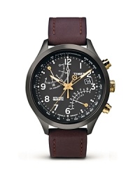 This Timex timepiece boasts more than just good looks, features including Fly-back chronograph movement with 4 hour auto shut-off, Indiglo® night-light, second time zone functionality. A leather strap lends a classic finish. This Timex timepiece boasts more than just good looks, features including Fly-back chronograph movement with 4 hour auto shut-off, Indiglo® night-light, second time zone functionality. A leather strap lends a classic finish.