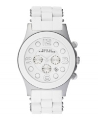 Clean and contemporary. Marc by Marc Jacobs lends his distinctive touch to this crisp watch. White silicone-wrapped stainless steel bracelet and round stainless steel case with white bezel. White chronograph dial features applied numerals at twelve, three, six and nine o'clock, dot markers, date window, three subdials, three hands and logo. Quartz movement. Water resistant to 50 meters. Two-year limited warranty. Clean and contemporary. Marc by Marc Jacobs lends his distinctive touch to this crisp watch. White silicone-wrapped stainless steel bracelet and round stainless steel case with white bezel. White chronograph dial features applied numerals at twelve, three, six and nine o'clock, dot markers, date window, three subdials, three hands and logo. Quartz movement. Water resistant to 50 meters. Two-year limited warranty.