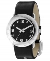 An eye-catching watch from Marc by Marc Jacobs in classy jet black and silvertone. Black leather strap. Silvertone stainless steel round case and round black dial with logo and numeral indices. Quartz movement. Water resistant to 30 meters. Two-year limited warranty.