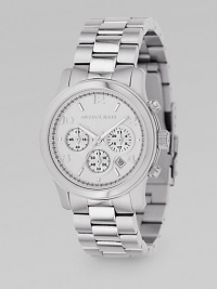Three-link sport bracelet with round silver dial. Stainless steel chronograph 1½ diameter Analog Day/date display Second hand Hour numbers Imported Three-link sport bracelet with round silver dial. Stainless steel chronograph 1½ diameter Analog Day/date display Second hand Hour numbers Imported