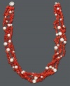 Add an extra boost to your ensemble with vivid color. This bright necklace features four chic rows of coral chips and cultured freshwater pearls (4-8 mm) set in sterling silver. Approximate length: 18 inches.