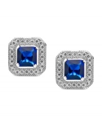 Dazzling stud earrings by CRISLU. With micropave, clear cubic zirconia accents surrounding a square-cut, sapphire-colored cubic zirconia (2-1/6 ct. t.w.). Set in sterling silver with a platinum finish. Approximate diameter: 9/25 inch. Dazzling stud earrings by CRISLU. With micropave, clear cubic zirconia accents surrounding a square-cut, sapphire-colored cubic zirconia (2-1/6 ct. t.w.). Set in sterling silver with a platinum finish. Approximate diameter: 9/25 inch.