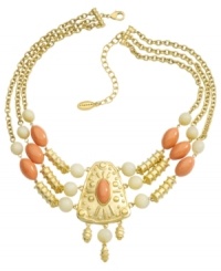 Whisk yourself away with this exotic style. T Tahari's chic statement necklace from the Marrakesh Collection features triple rows of warm gold, coral and sand resin beads with a unique triangular-shaped pendant. Base metal is nickel-free for sensitive skin. Approximate length: 17 inches + 3-inch extender. Approximate drop: 3-1/2 inches. Whisk yourself away with this exotic style. T Tahari's chic statement necklace from the Marrakesh Collection features triple rows of warm gold, coral and sand resin beads with a unique triangular-shaped pendant. Base metal is nickel-free for sensitive skin. Approximate length: 17 inches + 3-inch extender. Approximate drop: 3-1/2 inches.