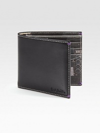 Topstitched leather with a fun, photo printed interior.One billfold compartmentEight credit card slotsLeather4¼W X 3½HMade in Italy