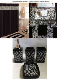 19 Piece Bath Accessory Set Black Zebra Animal Print Bath Rug Set + Black Zebra Shower Curtain & Accessories