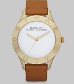 Simply chic timepiece with a luxuriously supple leather strap. Quartz movementWater resistant to 5 ATMRound goldtone stainless steel case, 40mm (1.6)Logo etched bezelWhite enamel dialSecond hand Tan leather strapImported 