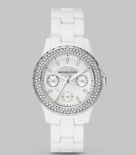 A bezel of sparkling crystals lends glamour to this sturdy, stylish timepiece.Quartz movement Water resistant to 5ATM Stainless steel case, 33mm (1.29) White dial Crystal hour markers Three chronograph sub dials Date display Second hand Acetate link bracelet Imported