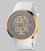Breaking new ground in design, the GRAMMY® special edition watch collection uniquely fuses fashion and music. A bold timepiece of yellow goldtone PVD, with graphic digital numbers, on a thick rubber strap featuring GRAMMY® and Gucci logos.Swiss digital Water resistant to 3 ATM Round PVD case, 44mm, (1.73) Gold dial Digital date display Anti-reflective coating White rubber strap Three blades deployment buckle Made in Switzerland