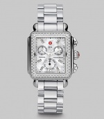 From the Deco Collection. A sleek stainless steel design with brilliant diamond accents and a chronograph dial. Swiss quartz movementWater resistant to 5 ATMRectangular stainless steel case, 33mm (1.3) X 35mm (1.4)Diamond bezel and markers, .66 tcwMother-of-pearl chronograph dialDate display at 6 o'clockSecond hand Stainless steel link bracelet, 18mm wide (0.7)Imported