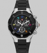 A sleek black dial is dotted with colorful hour markers for a distinctive timepiece.Swiss quartz movement Water resistant to 5 ATM Logo bezel Round stainless steel case, 40mm, (1.49) K1 mineral crystal Black chronograph dial Numeral hour markers Second hand Silicone strap Imported 