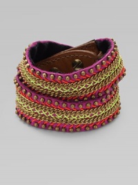 Golden beads and chains are stitched with neon-bright cord onto a pink leather, double-wrap cuff in this edgy, urban design.LeatherGoldtoneCotton backingLength, about 15¾Width, about 2¾Stud snap closureImported Golden beads and chains are stitched with neon-bright cord onto a pink leather, double-wrap cuff in this edgy, urban design.LeatherGoldtoneCotton backingLength, about 15¾Width, about 2¾Stud snap closureImported