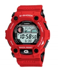 Engineered for your most rugged activities, this G-Shock is prepared to go everywhere you go. Red resin strap and round case. Shock-resistant, digital display dial features auto EL backlight with afterglow, flash alert, tide graph, moon data, world time, city code display, four multifunction alarms, hourly time signal, countdown timer, stopwatch, auto calendar and 12/24-hour formats. Quartz movement. Water resistant to 200 meters. One-year limited warranty. Engineered for your most rugged activities, this G-Shock is prepared to go everywhere you go. Red resin strap and round case. Shock-resistant, digital display dial features auto EL backlight with afterglow, flash alert, tide graph, moon data, world time, city code display, four multifunction alarms, hourly time signal, countdown timer, stopwatch, auto calendar and 12/24-hour formats. Quartz movement. Water resistant to 200 meters. One-year limited warranty.