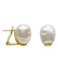 From the island of Mallorca, Spain, these 18k gold over sterling silver earrings feature white baroque organic man-made pearl (14 mm) with a 14k gold post. From the island of Mallorca, Spain, these 18k gold over sterling silver earrings feature white baroque organic man-made pearl (14 mm) with a 14k gold post.
