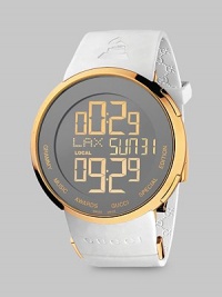 Breaking new ground in design, the GRAMMY® special edition watch collection uniquely fuses fashion and music. A bold timepiece of yellow goldtone PVD, with graphic digital numbers, on a thick rubber strap featuring GRAMMY® and Gucci logos.Swiss digital Water resistant to 3 ATM Round PVD case, 44mm, (1.73) Gold dial Digital date display Anti-reflective coating White rubber strap Three blades deployment buckle Made in Switzerland Breaking new ground in design, the GRAMMY® special edition watch collection uniquely fuses fashion and music. A bold timepiece of yellow goldtone PVD, with graphic digital numbers, on a thick rubber strap featuring GRAMMY® and Gucci logos.Swiss digital Water resistant to 3 ATM Round PVD case, 44mm, (1.73) Gold dial Digital date display Anti-reflective coating White rubber strap Three blades deployment buckle Made in Switzerland