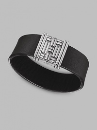 A handsome combination of leather and silver with a basketwoven silver clasp. From the Bedeg Collection Leather Silver Magnetic pusher clasp About 7½ long Imported A handsome combination of leather and silver with a basketwoven silver clasp. From the Bedeg Collection Leather Silver Magnetic pusher clasp About 7½ long Imported