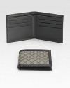 A classic wallet in signature diamante-plus fabric with leather trim and interior. Two bill compartments Six card slots 4.3W X 3.8H Made in Italy 