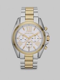 From the Bradshaw Collection. This technical stainless steel timepiece is a study in contrasts. Quartz movementWater resistant to 10 ATMRound stainless steel case, 43mm (1.7) Smooth goldtone bezelSilvertone dialRoman numeric and bar hour markersDate display at 6 o'clockSecond hand Two-tone stainless steel link braceletImported From the Bradshaw Collection. This technical stainless steel timepiece is a study in contrasts. Quartz movementWater resistant to 10 ATMRound stainless steel case, 43mm (1.7) Smooth goldtone bezelSilvertone dialRoman numeric and bar hour markersDate display at 6 o'clockSecond hand Two-tone stainless steel link braceletImported