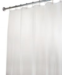 Featuring durable polyester in clear frosty hue, the Eva shower curtain liner protects your bath from stray splashes while conveniently blending with any decor. Also boasts reinforced button holes with rust-proof metal grommets and a structured top hem. Featuring durable polyester in clear frosty hue, the Eva shower curtain liner protects your bath from stray splashes while conveniently blending with any decor. Also boasts reinforced button holes with rust-proof metal grommets and a structured top hem.