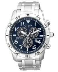 Dress with confidence with this impeccably crafted chronograph watch from Citizen. Built with Eco-Drive technology, harnessing natural and artificial light, never needing a battery. Dress with confidence with this impeccably crafted chronograph watch from Citizen. Built with Eco-Drive technology, harnessing natural and artificial light, never needing a battery.