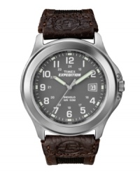 Hit the great outdoors with a watch that knows no boundaries: the Timex Expedition. Black nylon and brown leather strap and round brushed silver tone mixed metal case. Charcoal dial features white numerals, printed minute track, date window at three o'clock, luminous hour and minute hands, and logo. Quartz movement. Water resistant to 50 meters. One-year limited warranty.
