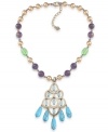Pastel perfection. Carolee's elegant pendant features a beaded chain including amethyst (3-3/10 ct. t.w.) gold, and green glass beads and a turquoise-hued glass chandelier. Crafted in burnished gold-plated mixed metal. Approximate length: 16 inches + 2-inch extender. Approximate drop: 3-1/4 inches.