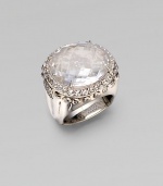 From the Batu Bamboo Collection. A substantial faceted oval of shimmering white topaz sits in a bold bamboo-detailed sterling silver ring, edged by white topaz pavé stones. White topaz Sterling silver Width, about 1 Made in Bali