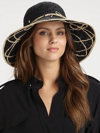 A high contrast, crocheted style with natural appeal and looped design under brim. RaffiaTie detailSateen elastic inner bandBrim, about 4¾Imported A high contrast, crocheted style with natural appeal and looped design under brim. RaffiaTie detailSateen elastic inner bandBrim, about 4¾Imported