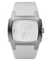 White meets white on this popular style by Diesel. Watch crafted of white leather strap and square stainless steel case, 50x45mm. White dial features applied silver tone numeral at nine o'clock, stick indices, minute track, military time, logo plate and luminous hands. Quartz movement. Water resistant to 50 meters. Two-year limited warranty.