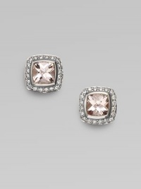 From the Petite Albion Collection. Glistening soft pink morganite is surrounded by pavé diamonds set in sterling silver.Diamonds, 0.40 tcw Morganite Sterling silver About ¼ square Post back Imported From the Petite Albion Collection. Glistening soft pink morganite is surrounded by pavé diamonds set in sterling silver.Diamonds, 0.40 tcw Morganite Sterling silver About ¼ square Post back Imported