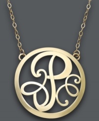 Trend setting style. This popular pendant combines a sweet scrolling design with the letter P. Circular setting and chain crafted in 14k gold. Approximate length: 17 inches. Approximate drop: 1 inch. Trend setting style. This popular pendant combines a sweet scrolling design with the letter P. Circular setting and chain crafted in 14k gold. Approximate length: 17 inches. Approximate drop: 1 inch.