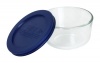 Pyrex Storage 1-Cup Round Dish with Dark Blue Plastic Cover, Clear