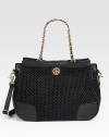 Elegant leather and crocheted yarn design, topped with chain-woven handles and a versatile shoulder strap. Double chain and leather top handles, 7½ dropDetachable adjustable shoulder strap, 12-24¼ dropTurnlock closureProtective metal feetOne inside zip pocketOne inside open pocketCanvas lining10¾W X 10¾H X 5¼DImported